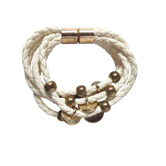 Braided White Rope Wrap Bracelet Gold Tone Beads - Picture 4 of 6